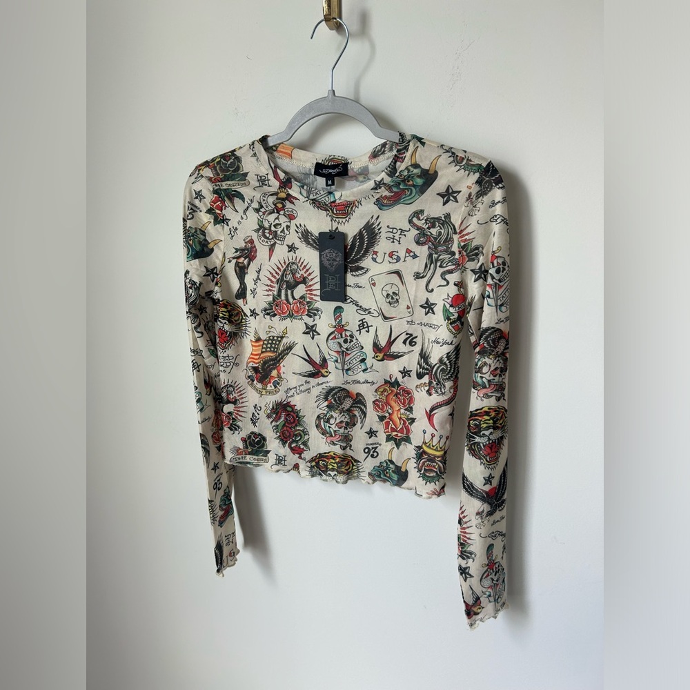 Ed Hardy cream tattoo print Mesh Long Sleeve crop Top